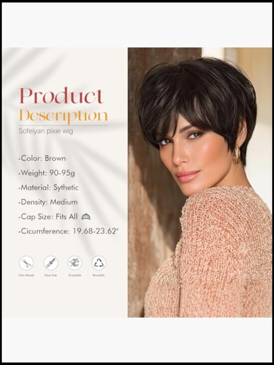 Pixie Cut Wig Short Brown Layered Synthetic Hair with Bangs Glueless Heat main image 6